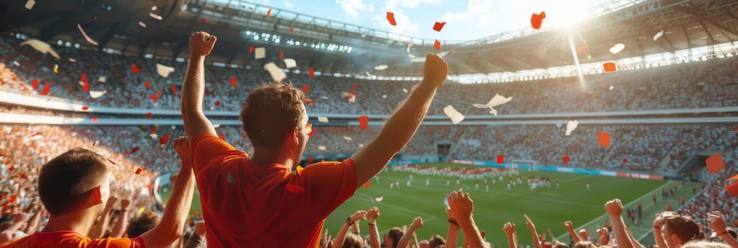 Sports fans cheering during a match in a stadium