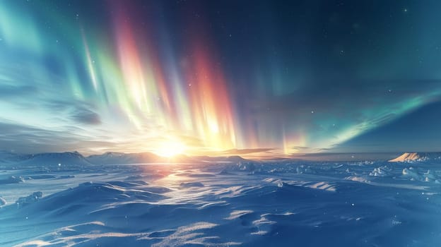 A beautiful, serene landscape of a snowy field with a bright sun in the background. The sky is filled with auroras, creating a sense of wonder and awe. The scene evokes a feeling of tranquility