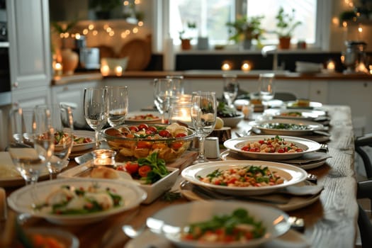 A table with a vase of flowers and wine glasses, and a plate of food. Scene is warm and inviting, with the flowers and wine glasses adding a touch of elegance to the setting