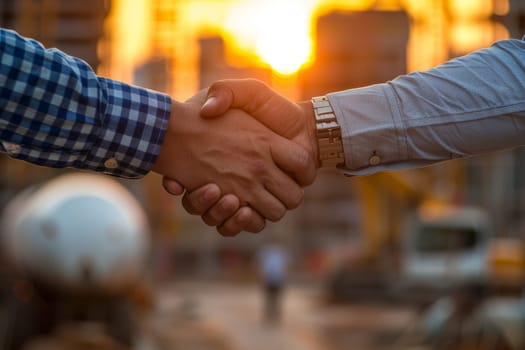 Two people shaking hands in front of a sunset. Scene is peaceful and positive. Logistic concept