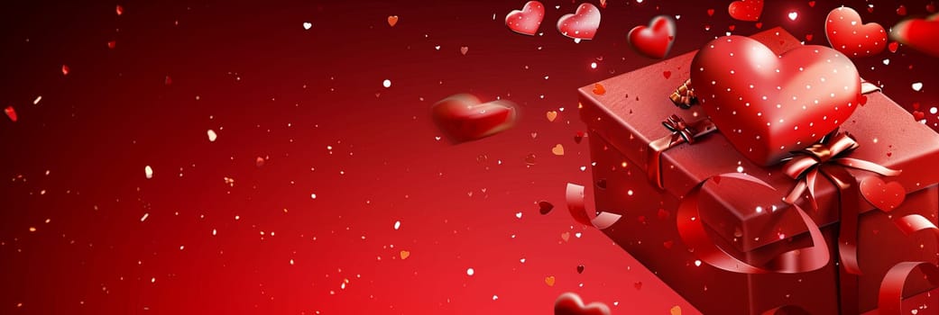 A red gift box with a bow, releasing hearts against a red background.
