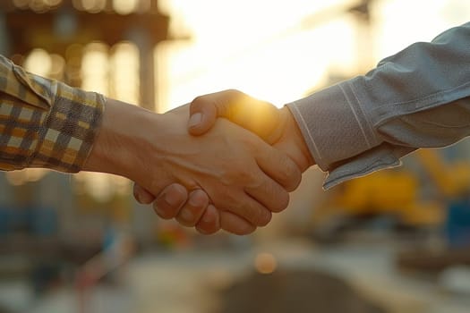 Two people shaking hands in front of a sunset. Scene is peaceful and positive. Logistic concept