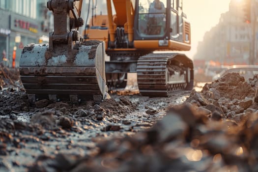 A dirty orange construction vehicle with mud on its tracks.