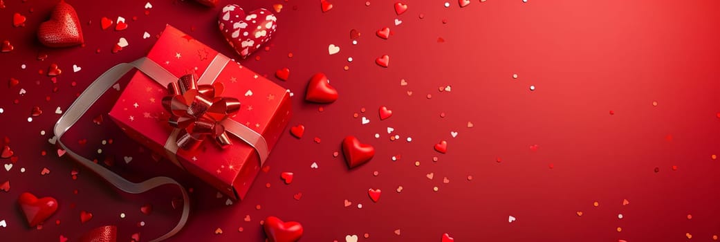 A red gift box with a bow on it placed among hearts on a red background, perfect for Valentines day.