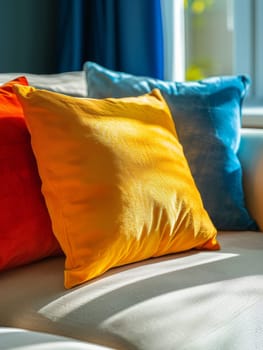 A yellow pillow sits on a white couch. The pillow is placed on the couch in front of a window, and a vase with a red flower is on the table next to the couch. Concept of warmth and comfort