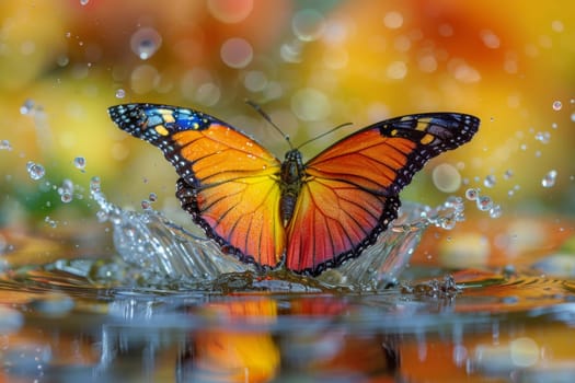 A colorful butterfly is floating on a body of water. The butterfly is surrounded by rocks and the water is splashing around it. The scene is peaceful and serene