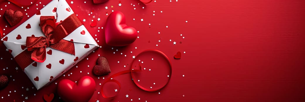 A red and white gift box is surrounded by hearts on a red background, a Valentines Day-themed banner design.