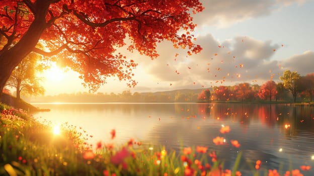 Beautiful autumn landscape with lake and trees in the park at sunset