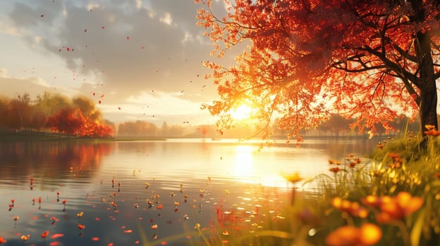 Beautiful autumn landscape with lake and trees in the park at sunset