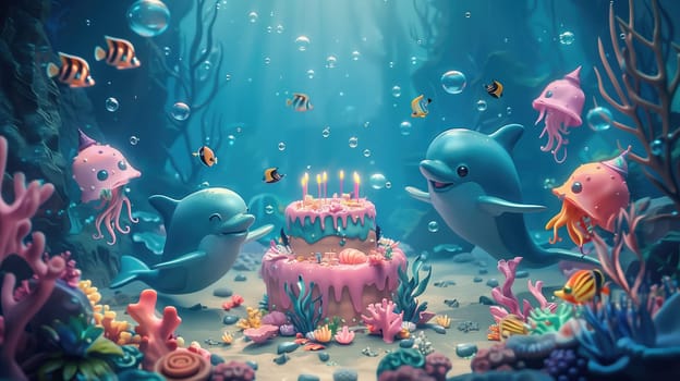 Birthday cake with candles, birthday party in underwater world. 3D illustration