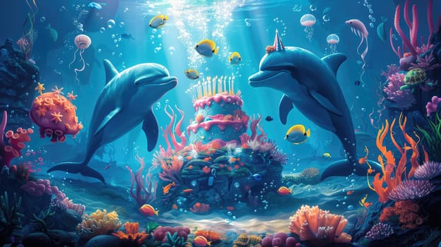 Birthday cake with candles, birthday party in underwater world. 3D illustration