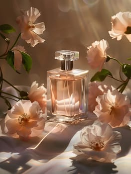 A bottle of perfume sits on a table surrounded by colorful flowers, enhancing the botanical beauty of the arrangement. The soft lighting highlights the petals and leaves, creating a serene atmosphere