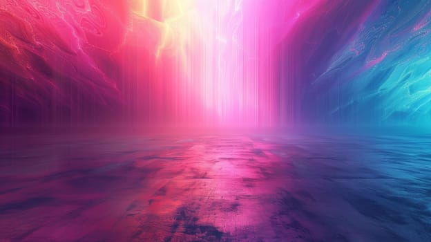 A colorful, abstract background with a blue and pink sky. The sky is filled with bright colors and the ground is a mix of blue and pink. Scene is vibrant and energetic