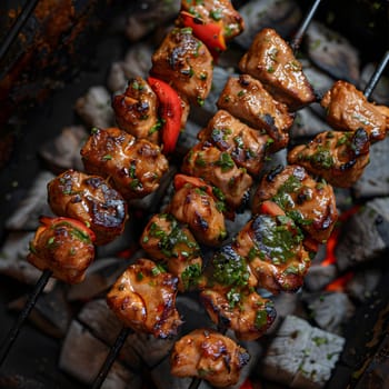 Chicken skewers are being grilled over charcoal, a common method of roasting in various cuisines like Shashlik, Souvla, and Brochette