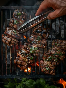 The person is cooking meat on the grill using tongs. This cooking method infuses flavor into the meat, creating a delicious dish for a barbecue or outdoor gathering