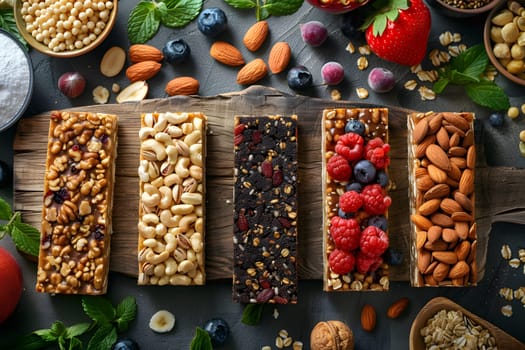 Various types of granola bars made with natural ingredients, a staple food filled with superfoods and whole foods, display on the table