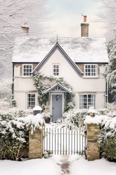 Beautiful country cottage decorated for Christmas on a snowy winter day, holiday and celebration, post-processed, generative ai