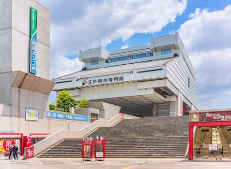 tokyo, ginza - may 17 2024: Edo-Tokyo Museum building mixing the modern and traditional Japanese architecture created by the architect Kiyonori Kikutake in 1993 to preserve Edo’s cultural heritage.