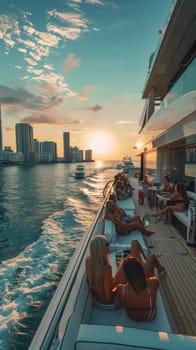 Group of people are relaxing on a boat with a view of the ocean. One of them is reading a book while the other is drinking a beverage. The atmosphere is calm and peaceful