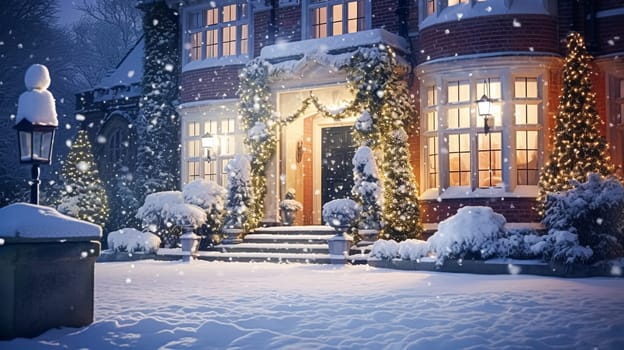 Christmas in the countryside manor, English country house mansion decorated for holidays on a snowy winter evening with snow and holiday lights, Merry Christmas and Happy Holidays design