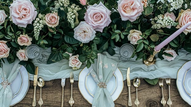 Beautifully set table for a garden party, adorned tablescape with vibrant floral arrangements, under the shade of blossoming rose bushes, inviting a sense of elegance and natural charm