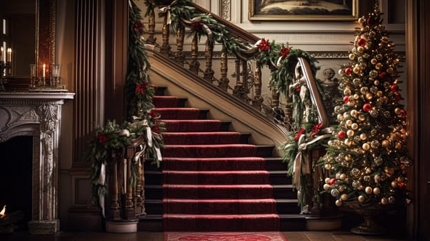 Christmas at the manor, grand entrance hall with staircase and Christmas tree, English countryside decoration and festive interior decor