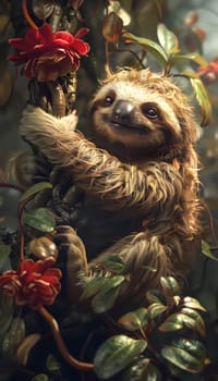 A terrestrial animal, the sloth, is peacefully sitting on a tree branch adorned with flowers in the jungle. Its fur blends in with the darkness of the surroundings