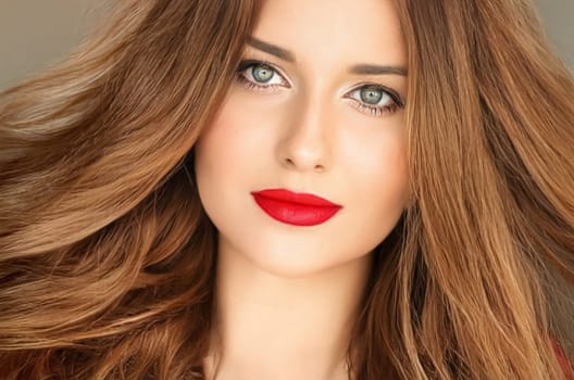 Beauty, makeup and hairstyle, face portrait of beautiful woman, red lipstick make-up and hair styling for skincare cosmetics, hair care, glamour style and fashion look idea