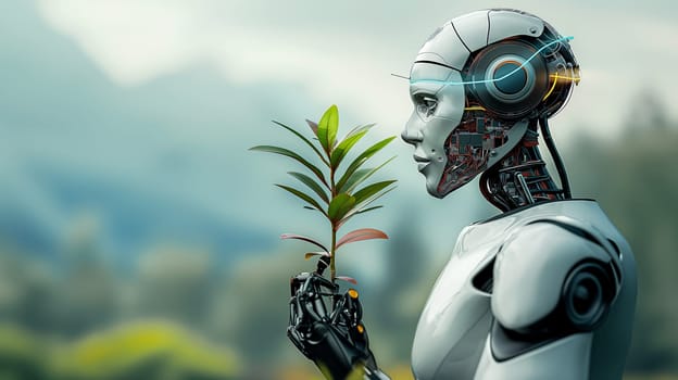 A humanoid robot with highly detailed features carefully holds a green plant, illustrating a juxtaposition of technology and nature - Generative AI