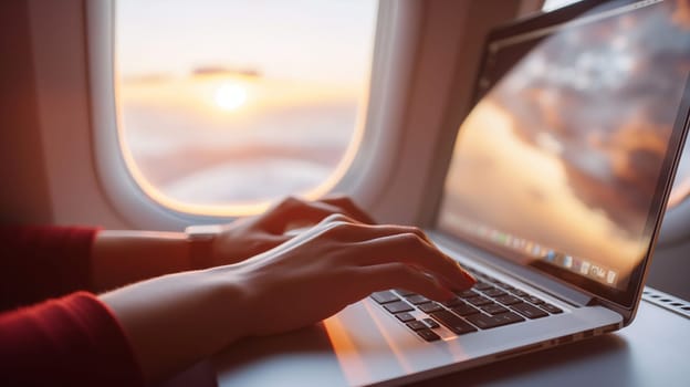 A person in a red sleeve works on a laptop beside an airplane window, with the sunset casting a warm glow over the scene - Generative AI