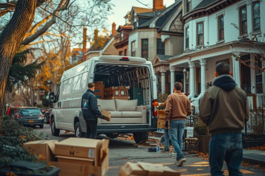 Two men are carrying a couch out of a white van. Moving House concept..