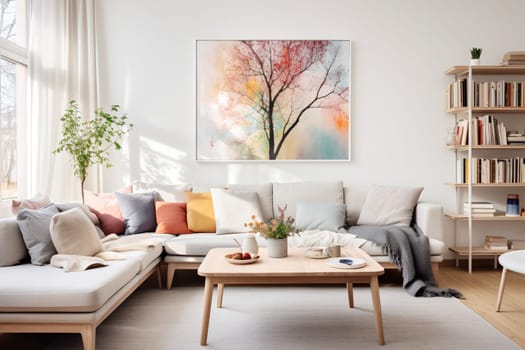 A spacious living room features a large sectional sofa, wooden furniture, and a warm neutral color palette, bathed in natural sunlight from ample windows - Generative AI