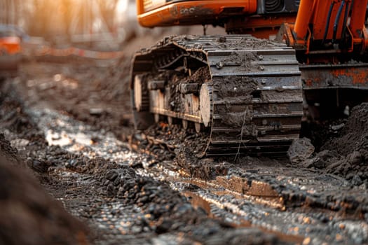 A dirty orange construction vehicle with mud on its tracks.