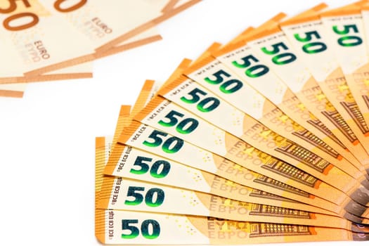Fan of 50, euro isolated on white background. Euro money notes. Fan of euro banknotes isolated.3