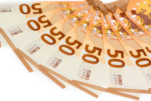 Fan of 50, euro isolated on white background. Euro money notes. Fan of euro banknotes isolated.2