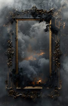 A rectangle metal frame with smoke coming out of it at an art event. The smoke is caused by gas heat, creating a pollution font with a twig