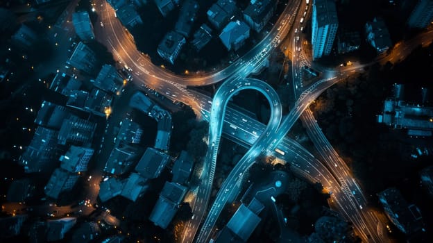 A city at night with a large round highway in the middle. The highway is lit up with blue lights