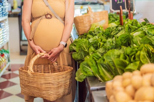 In a grocery store, a pregnant woman stands by a fruit stand, surrounded by various natural foods. She is in a public space where the local market offers whole foods for trade Pregnant woman buying organic vegetables and fruits at Mexican style farmers market