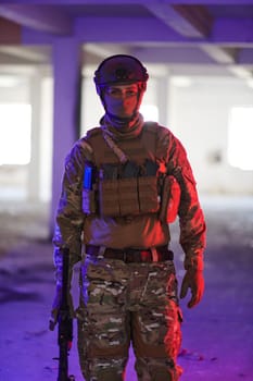 A professional soldier undertakes a perilous mission in an abandoned building illuminated by neon blue and purple lights.