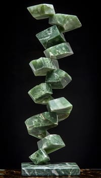 An art sculpture made of green glass cubes stacked on top of each other, resembling a geometric masterpiece on a sleek black background