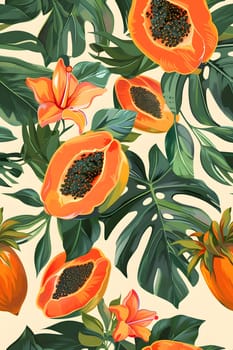 The seamless pattern features papaya, flowers, and leaves on a white background. The botanical art showcases the beauty of this orange fruit and flowering plant in a delicate pattern