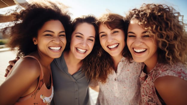 Friendly portrait of happy smiling diverse modern young people friends together, girlfriends women looking at camera on city street