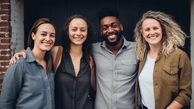 Friendly portrait of happy smiling diverse modern young people friends together, women and men in casual clothing posing on city street