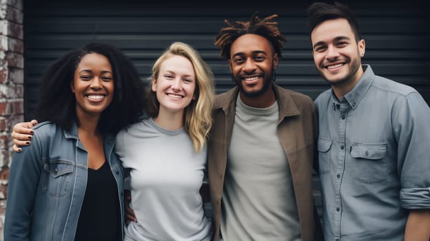 Friendly portrait of happy smiling diverse modern young people friends together, women and men in casual clothing posing on city street