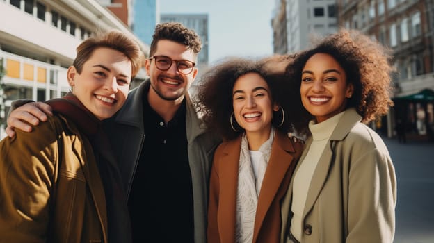 Friendly portrait of happy smiling diverse modern young people friends together, women and men in casual clothing posing on city street