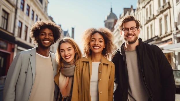 Friendly portrait of happy smiling diverse modern young people friends together, women and men in casual clothing posing on city street