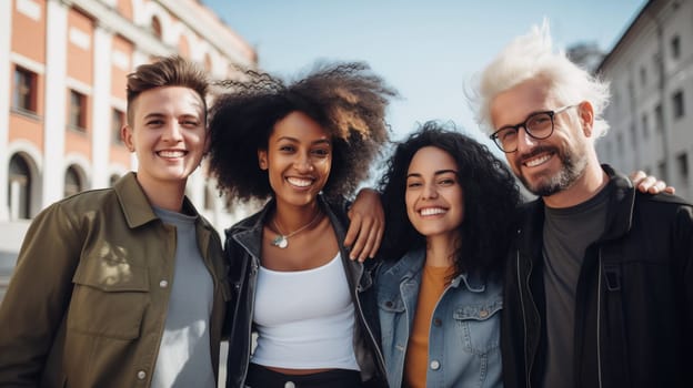 Friendly portrait of happy smiling diverse modern young people friends together, women and men in casual clothing posing on city street