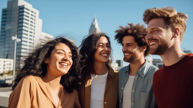 Friendly portrait of happy smiling diverse modern young people friends together, women and men in casual clothing posing on city street