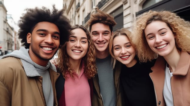 Friendly portrait of happy smiling diverse young people friends taking selfie together, modern women and men in casual clothing on city street