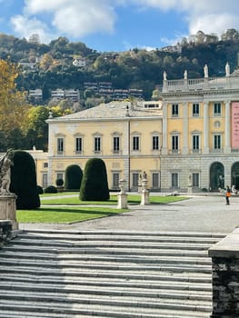 Steps in the garden near Villa Olmo against the backdrop of mountains. Como, Italy. High quality photo